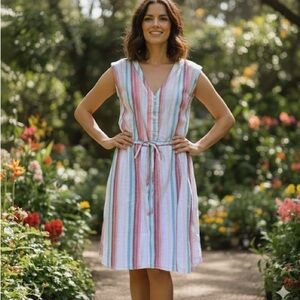 Linen pastel striped summer dress M beach vacation cruise